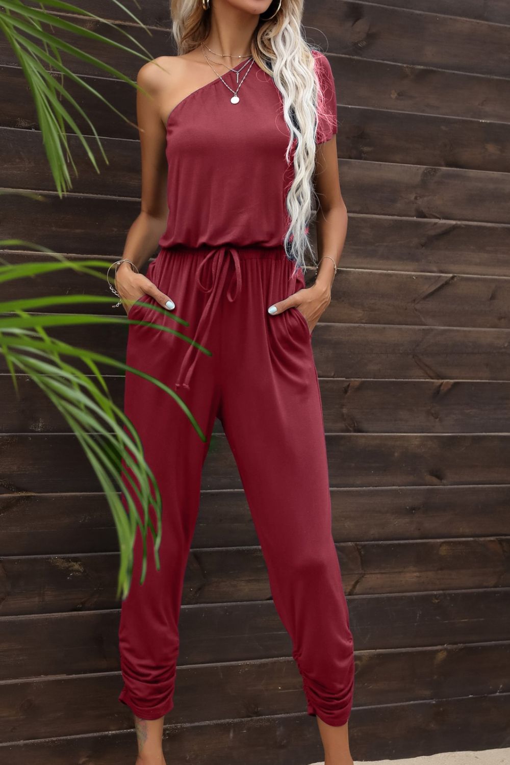 Drawstring Waist One - Shoulder Jumpsuit with Pockets - Loulou Boutique