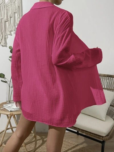 Dropped Shoulder Button Up Top and Elastic Waist Shorts Set - Loulou Boutique
