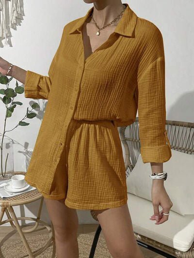 Dropped Shoulder Button Up Top and Elastic Waist Shorts Set - Loulou Boutique