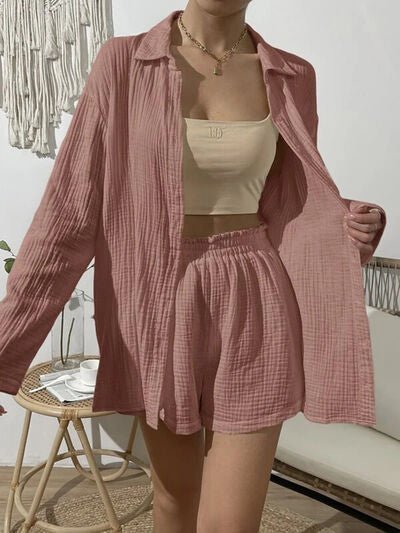 Dropped Shoulder Button Up Top and Elastic Waist Shorts Set - Loulou Boutique