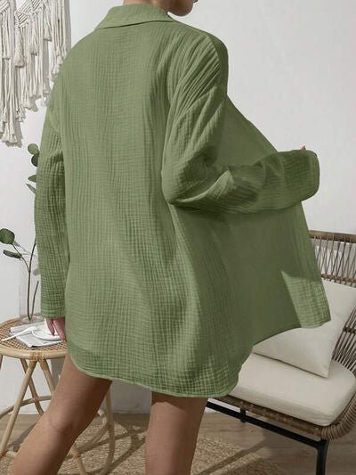 Dropped Shoulder Button Up Top and Elastic Waist Shorts Set - Loulou Boutique