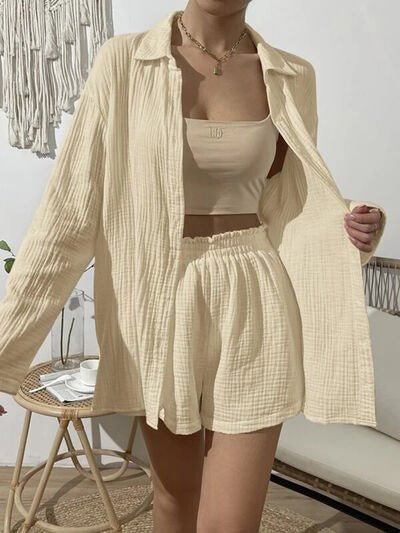 Dropped Shoulder Button Up Top and Elastic Waist Shorts Set - Loulou Boutique