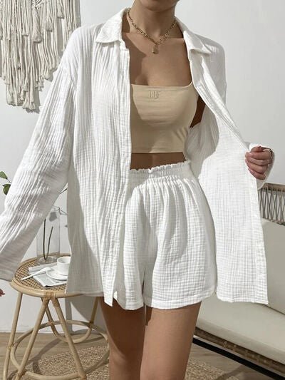 Dropped Shoulder Button Up Top and Elastic Waist Shorts Set - Loulou Boutique