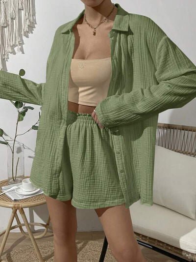Dropped Shoulder Button Up Top and Elastic Waist Shorts Set - Loulou Boutique