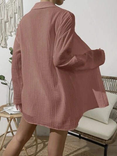 Dropped Shoulder Button Up Top and Elastic Waist Shorts Set - Loulou Boutique
