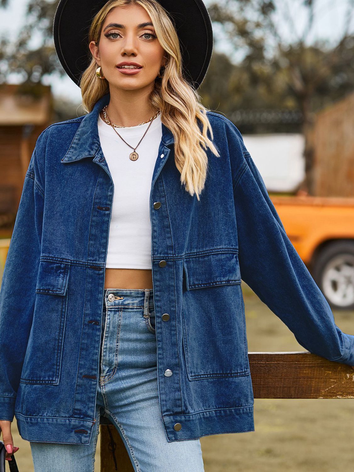 Dropped Shoulder Denim Jacket with Pockets - Loulou Boutique