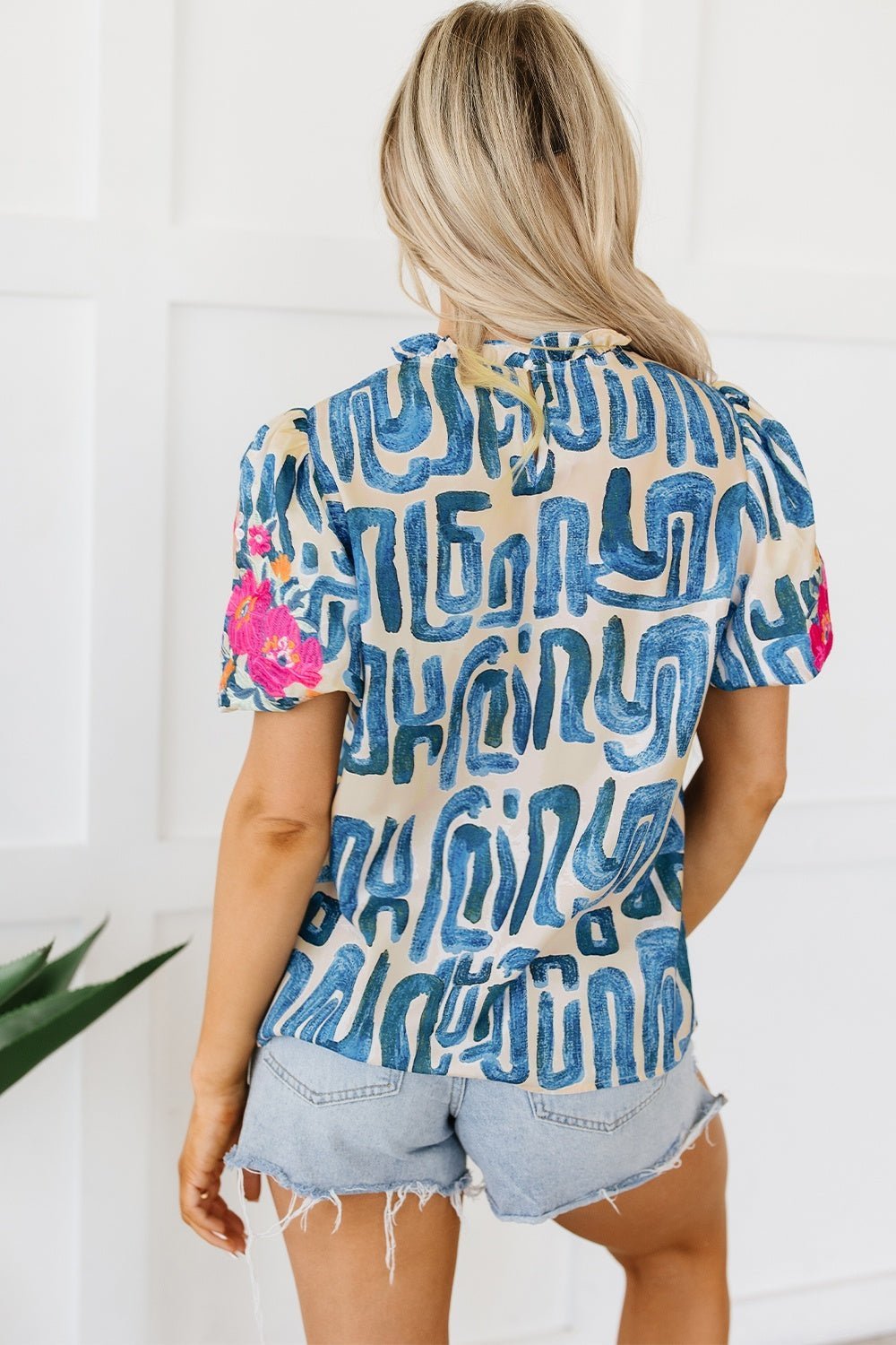 Embroidered Printed Mock Neck Short Sleeve Blouse - Loulou Boutique
