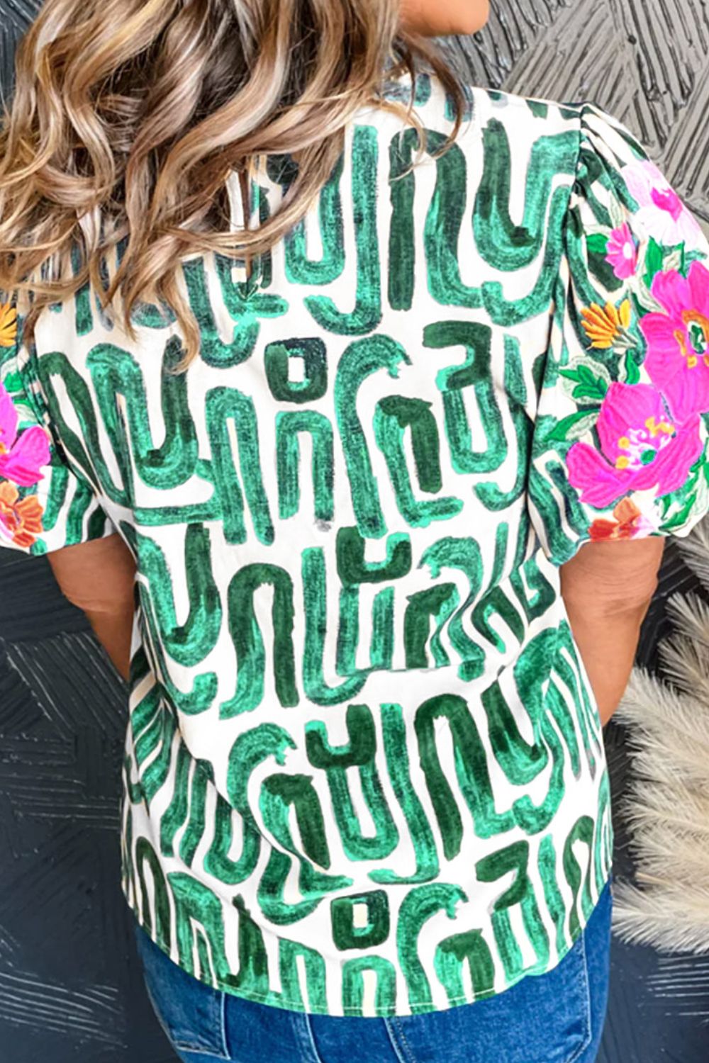 Embroidered Printed Mock Neck Short Sleeve Blouse - Loulou Boutique