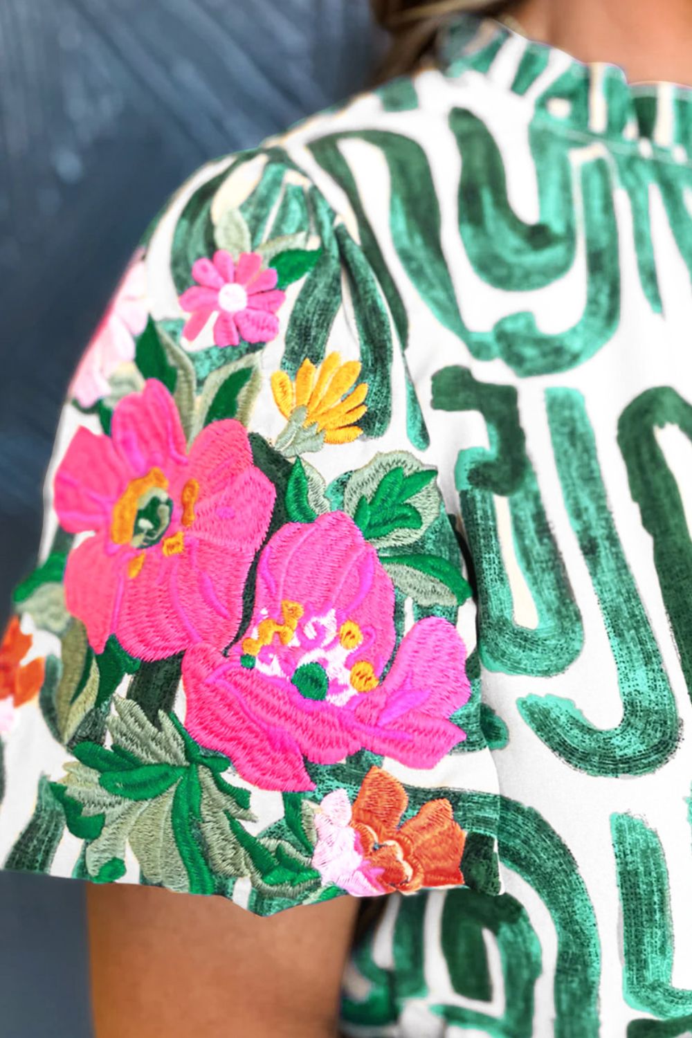 Embroidered Printed Mock Neck Short Sleeve Blouse - Loulou Boutique