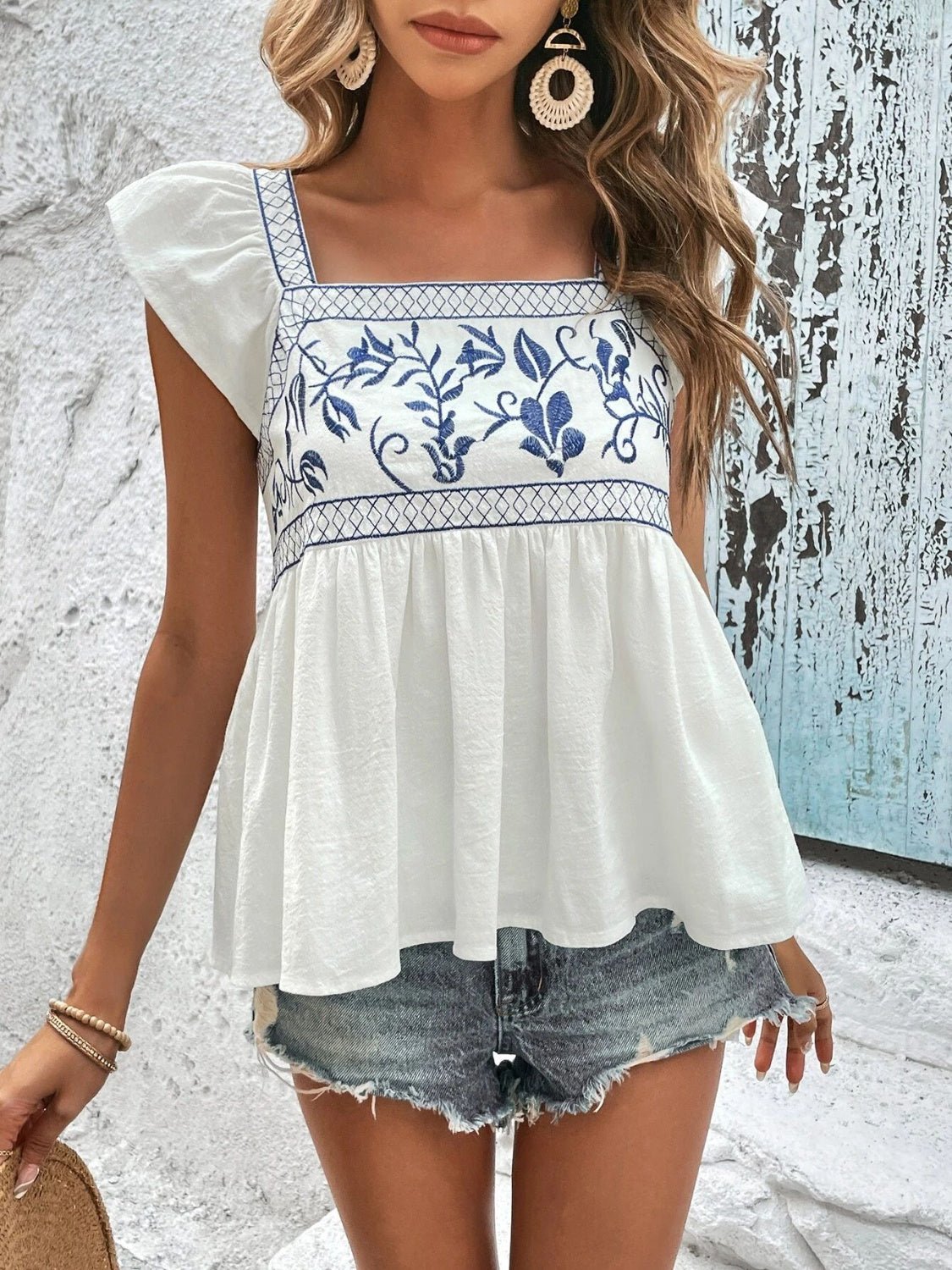 Embroidered Square Neck Cap Sleeve Blouse - Loulou Boutique