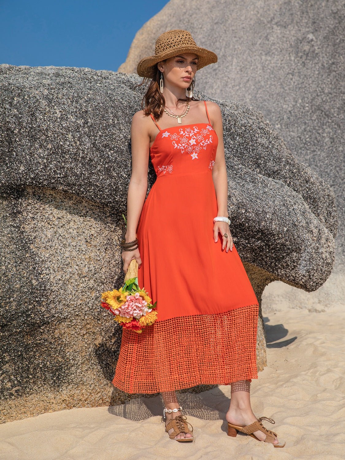 Embroidered Square Neck Midi Cami Dress - Loulou Boutique