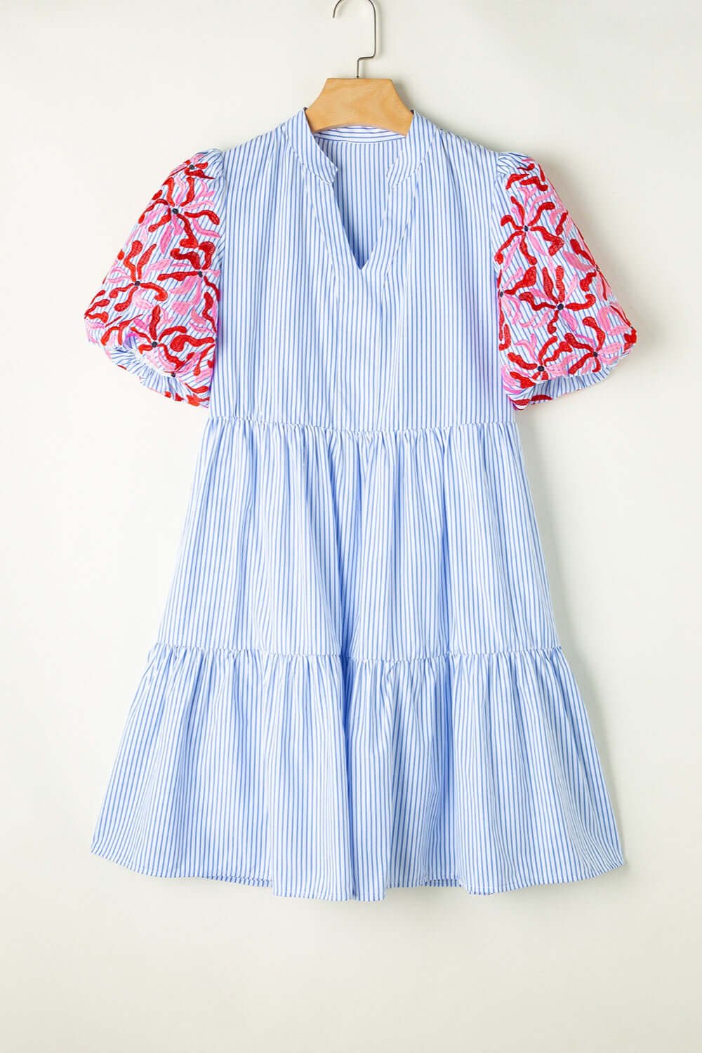 Embroidered Striped Notched Short Sleeve Dress - Loulou Boutique