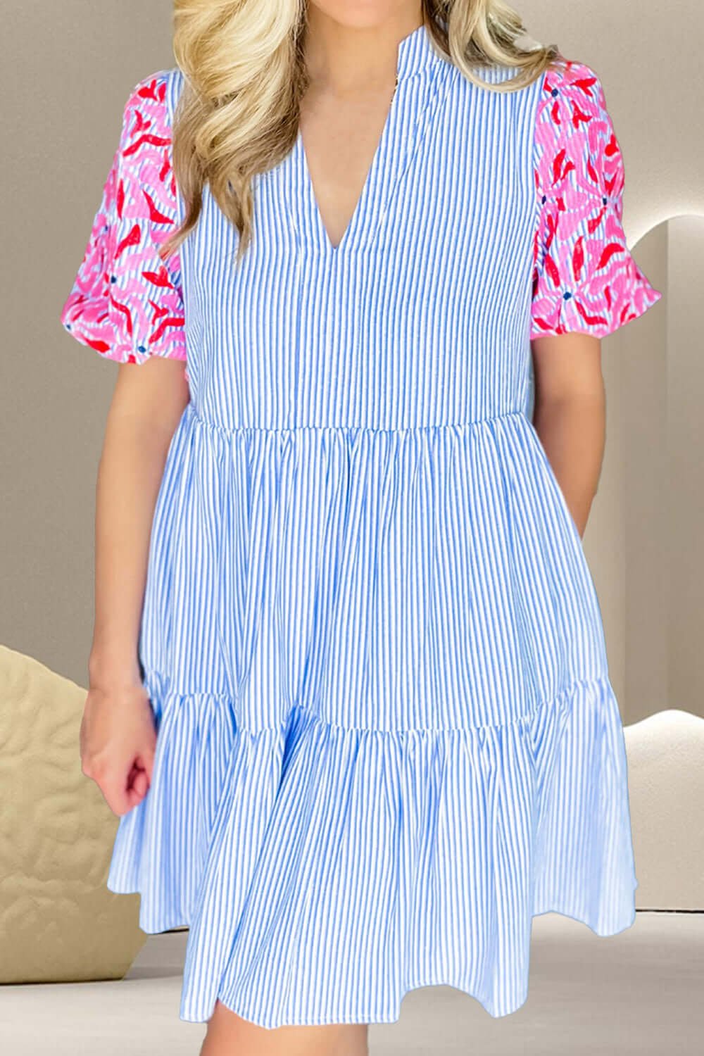 Embroidered Striped Notched Short Sleeve Dress - Loulou Boutique
