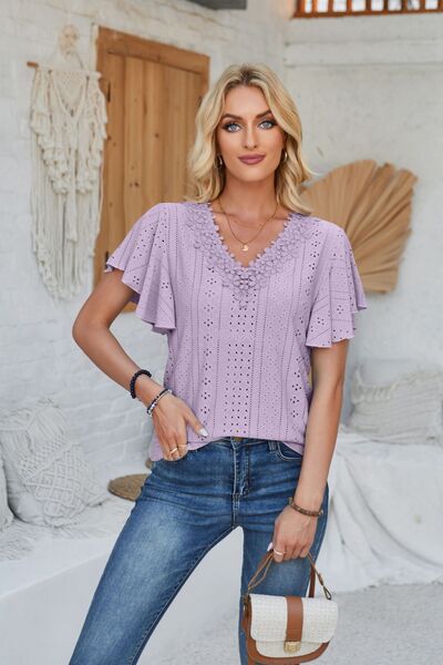 Eyelet Applique V - Neck Cap Sleeve T-Shirt - Loulou Boutique