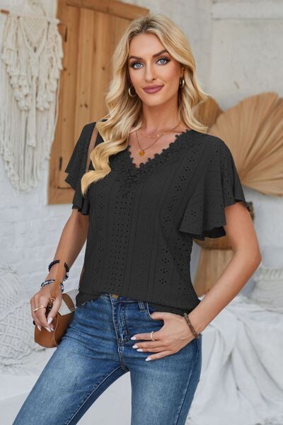 Eyelet Applique V - Neck Cap Sleeve T-Shirt - Loulou Boutique