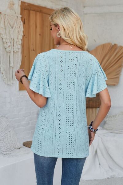 Eyelet Applique V - Neck Cap Sleeve T-Shirt - Loulou Boutique