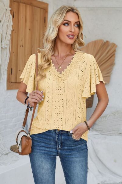 Eyelet Applique V - Neck Cap Sleeve T-Shirt - Loulou Boutique