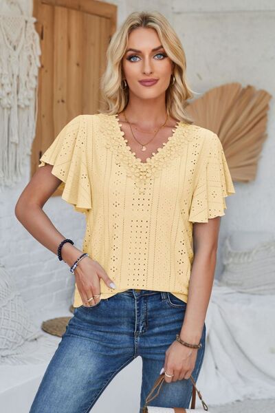 Eyelet Applique V - Neck Cap Sleeve T-Shirt - Loulou Boutique