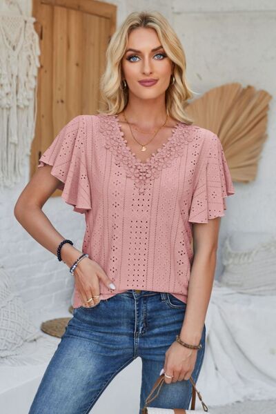 Eyelet Applique V - Neck Cap Sleeve T-Shirt - Loulou Boutique