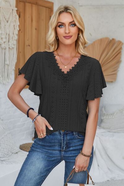 Eyelet Applique V - Neck Cap Sleeve T-Shirt - Loulou Boutique