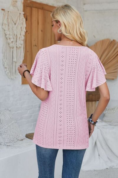 Eyelet Applique V - Neck Cap Sleeve T-Shirt - Loulou Boutique