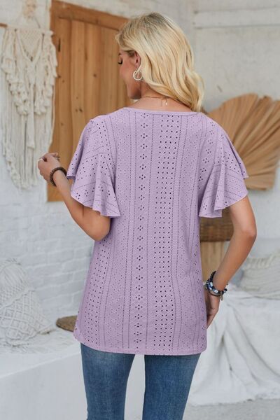 Eyelet Applique V - Neck Cap Sleeve T-Shirt - Loulou Boutique