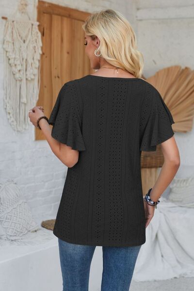Eyelet Applique V - Neck Cap Sleeve T-Shirt - Loulou Boutique