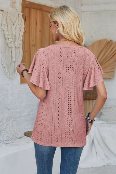 Eyelet Applique V - Neck Cap Sleeve T-Shirt - Loulou Boutique