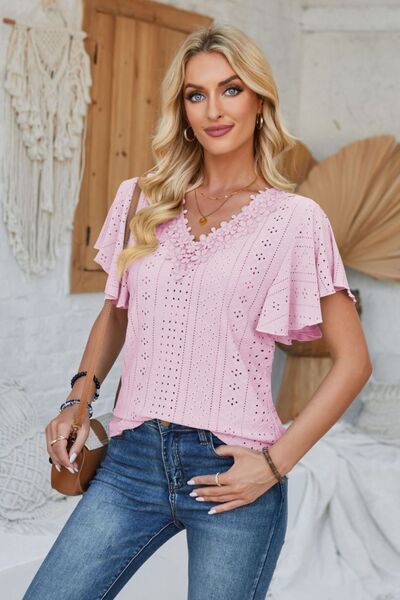Eyelet Applique V - Neck Cap Sleeve T-Shirt - Loulou Boutique