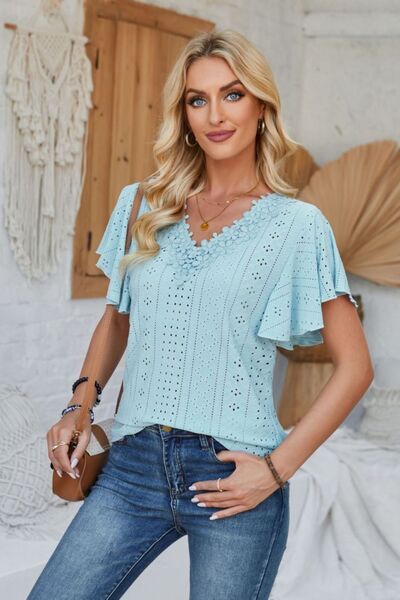 Eyelet Applique V - Neck Cap Sleeve T-Shirt - Loulou Boutique