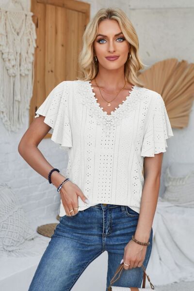 Eyelet Applique V - Neck Cap Sleeve T-Shirt - Loulou Boutique