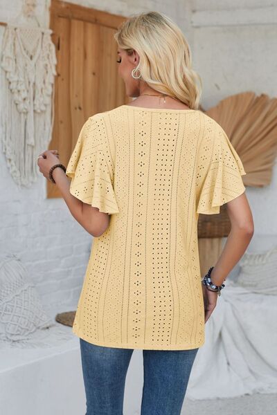 Eyelet Applique V - Neck Cap Sleeve T-Shirt - Loulou Boutique
