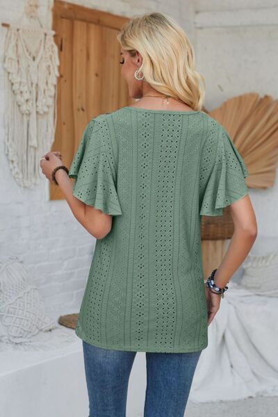Eyelet Applique V - Neck Cap Sleeve T-Shirt - Loulou Boutique