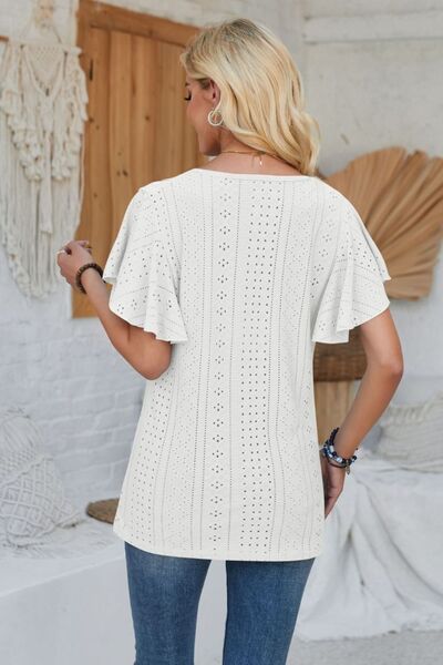 Eyelet Applique V - Neck Cap Sleeve T-Shirt - Loulou Boutique