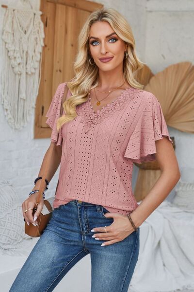 Eyelet Applique V - Neck Cap Sleeve T-Shirt - Loulou Boutique