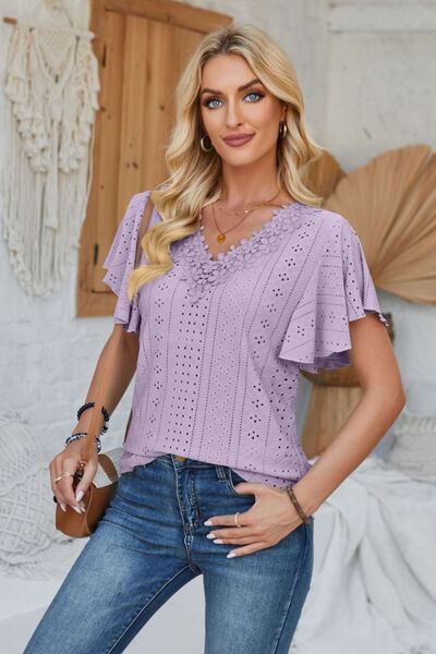 Eyelet Applique V - Neck Cap Sleeve T-Shirt - Loulou Boutique
