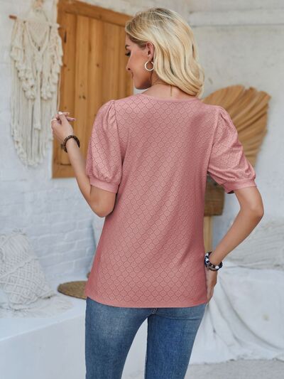 Eyelet Asymmetrical Neck Short Sleeve T-Shirt - Loulou Boutique