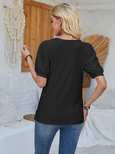Eyelet Asymmetrical Neck Short Sleeve T-Shirt - Loulou Boutique