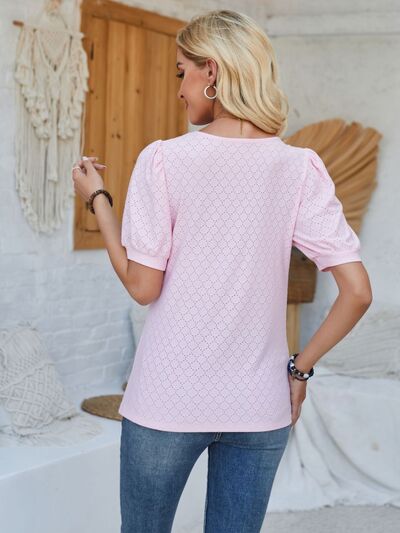 Eyelet Asymmetrical Neck Short Sleeve T-Shirt - Loulou Boutique