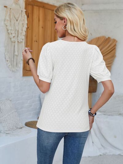 Eyelet Asymmetrical Neck Short Sleeve T-Shirt - Loulou Boutique