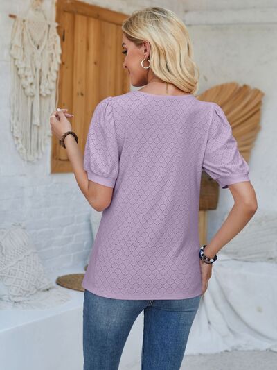 Eyelet Asymmetrical Neck Short Sleeve T-Shirt - Loulou Boutique