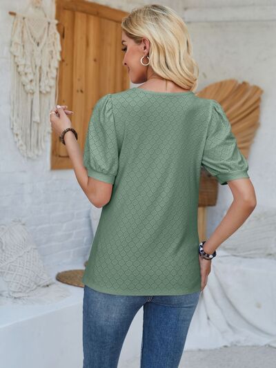 Eyelet Asymmetrical Neck Short Sleeve T-Shirt - Loulou Boutique