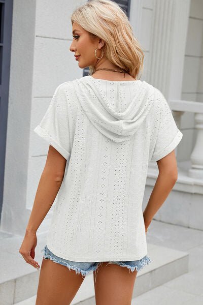 Eyelet Drawstring Hooded Short Sleeve Blouse - Loulou Boutique