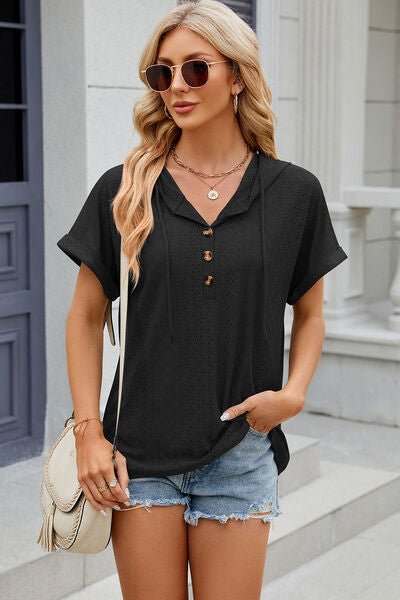 Eyelet Drawstring Hooded Short Sleeve Blouse - Loulou Boutique
