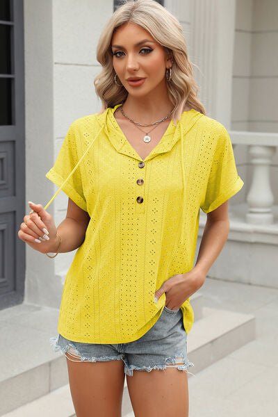 Eyelet Drawstring Hooded Short Sleeve Blouse - Loulou Boutique