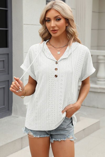 Eyelet Drawstring Hooded Short Sleeve Blouse - Loulou Boutique