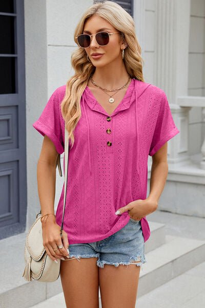 Eyelet Drawstring Hooded Short Sleeve Blouse - Loulou Boutique