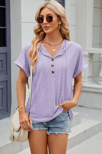 Eyelet Drawstring Hooded Short Sleeve Blouse - Loulou Boutique