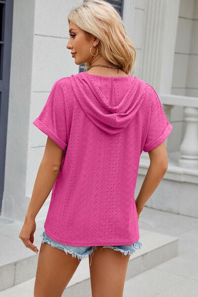 Eyelet Drawstring Hooded Short Sleeve Blouse - Loulou Boutique
