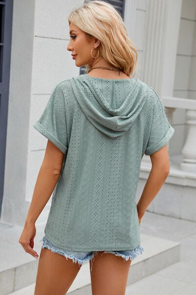 Eyelet Drawstring Hooded Short Sleeve Blouse - Loulou Boutique